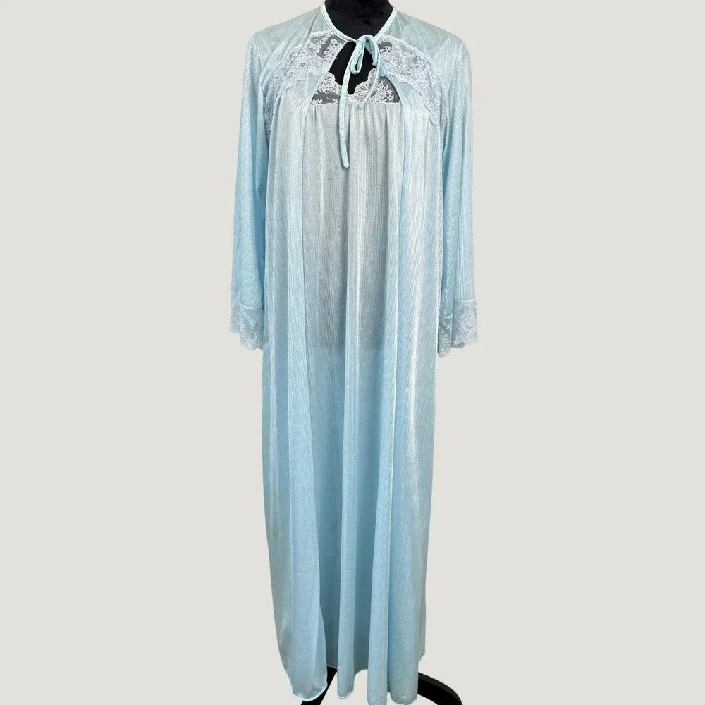 Vintage Nylon Peignoir Set Nightgown Robe Womens Medium Blue Lace Trim Ethereal